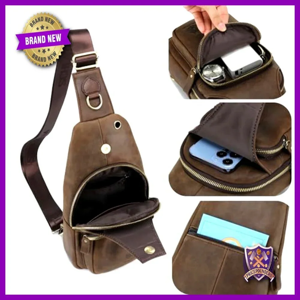 Genuine Leather Sling Bag Vintage Luxury Casual Daypack Adjustable Strap - Picture 5 of 7